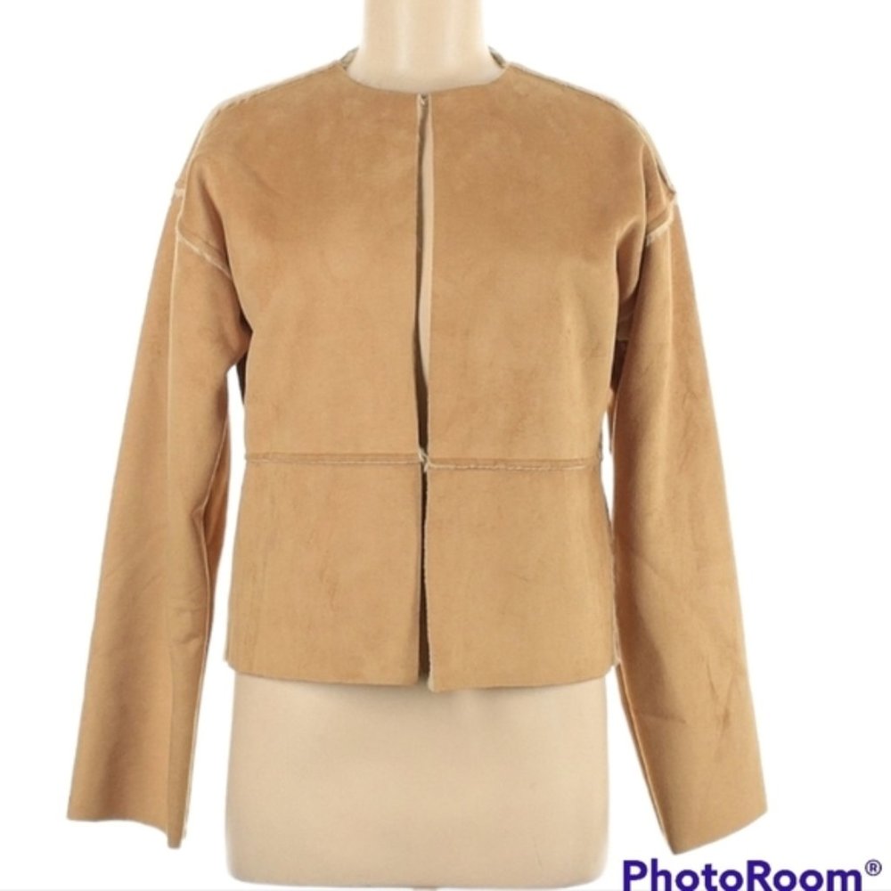 VINTAGE Banana Republic tan faux suede sherpa open front jacket